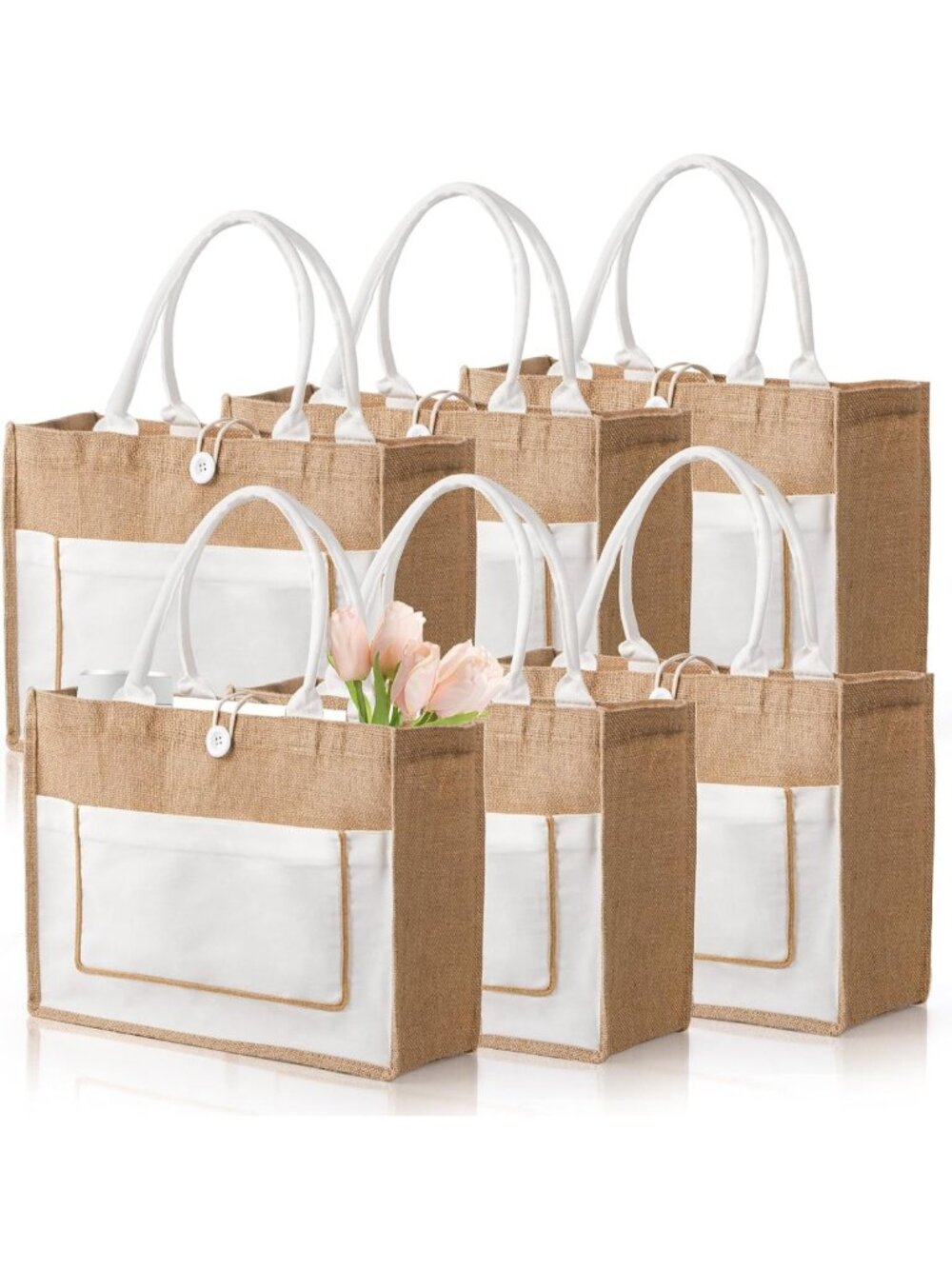 6 Pack Large Jute Tote Bags - Versatile Burlap Beach, Grocery & Travel Bags